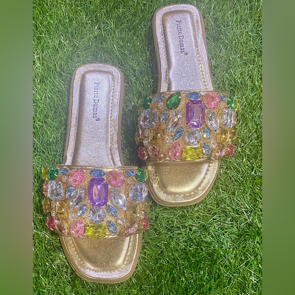 BRAND NEW WITH TAGS Pierre Dumas Multicolor Gem Embellished Slide Sandals